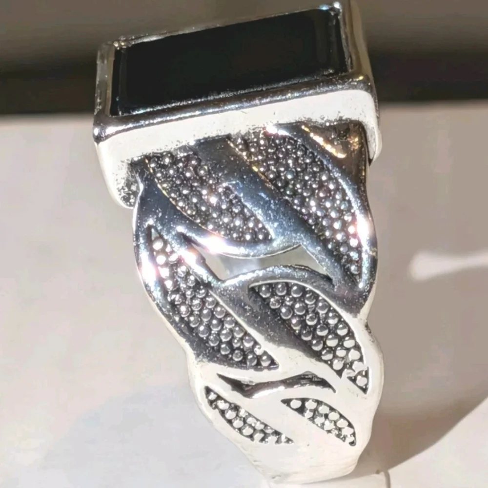 14k White Gold Plate Over Sterling Silver Turkish Gemstone Black Onyx Men's Ring